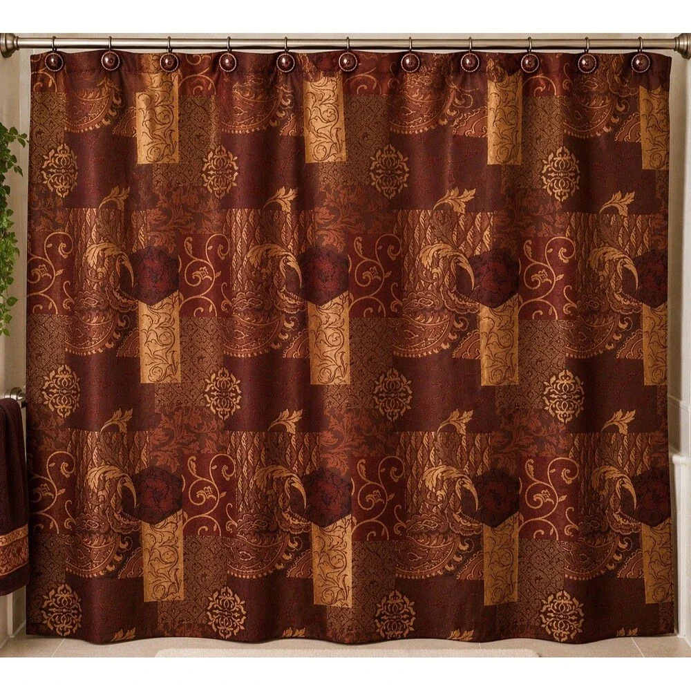 Burgandy Gold Paisley Patchwork Fabric Shower Curtain Hooks 72x72 No Liner Bath